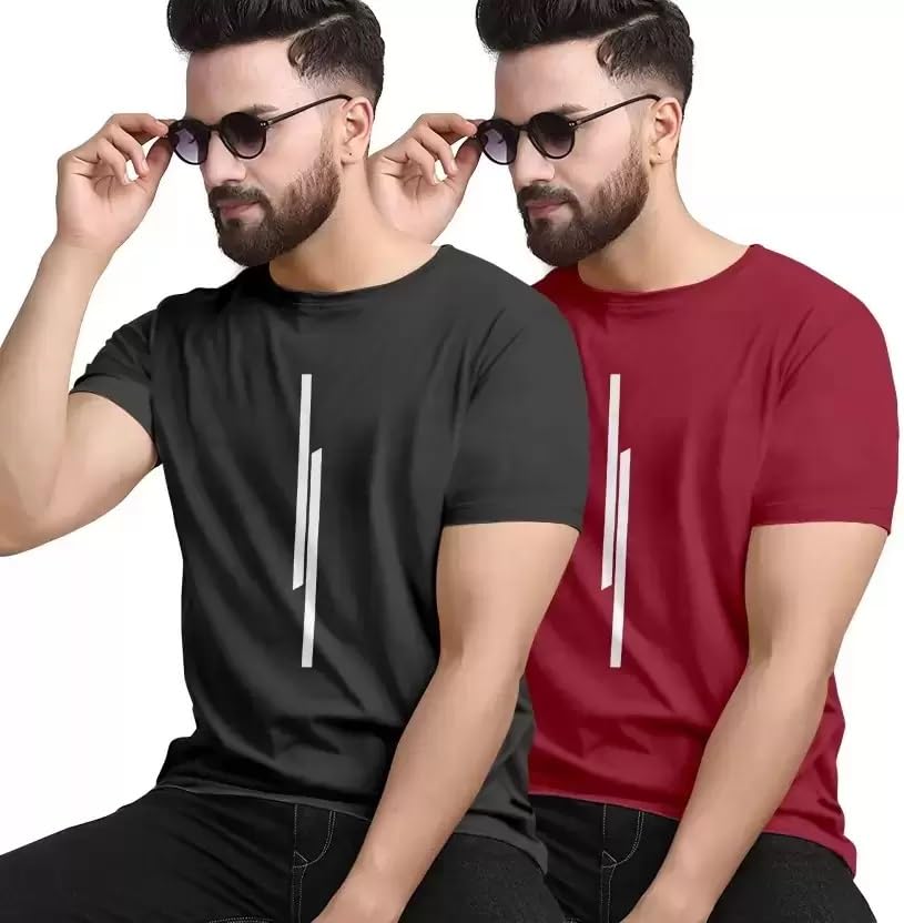 Image of Classic Men Solid Polyester Round Neck Tshirt || 11 Lines Graphic, Regular Fit, Comfortable T-Shirt for Men (Pack of 2)