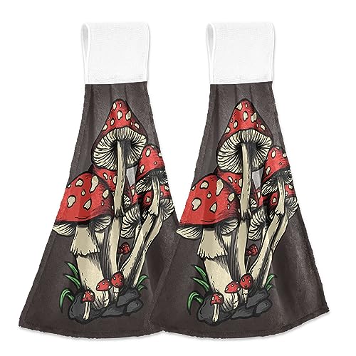 Sletend Hanging Kitchen Towel With Loop Red Mushroom Hand Towel 2 Pcs Soft Microfiber Coral Velvet Tie Towel Decor For Bathroom Laundry Room Decor #TOP14