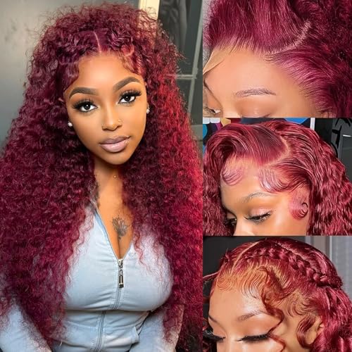 ANDRIA 13x4 HD Transparent Lace Front Wigs 26 Inch Wine Red Deep Wave with Baby Hair Pre-Plucked Glueless Burgundy 200% Density Natural Color Long Synthetic Deep Curly Wigs For Black Woman