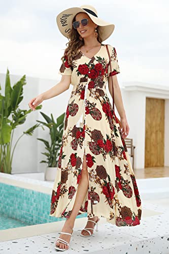 Image of VintageClothing Women's Floral Maxi Dresses Boho Button Up Split Summer Casual Long Dress Beach Party Dress