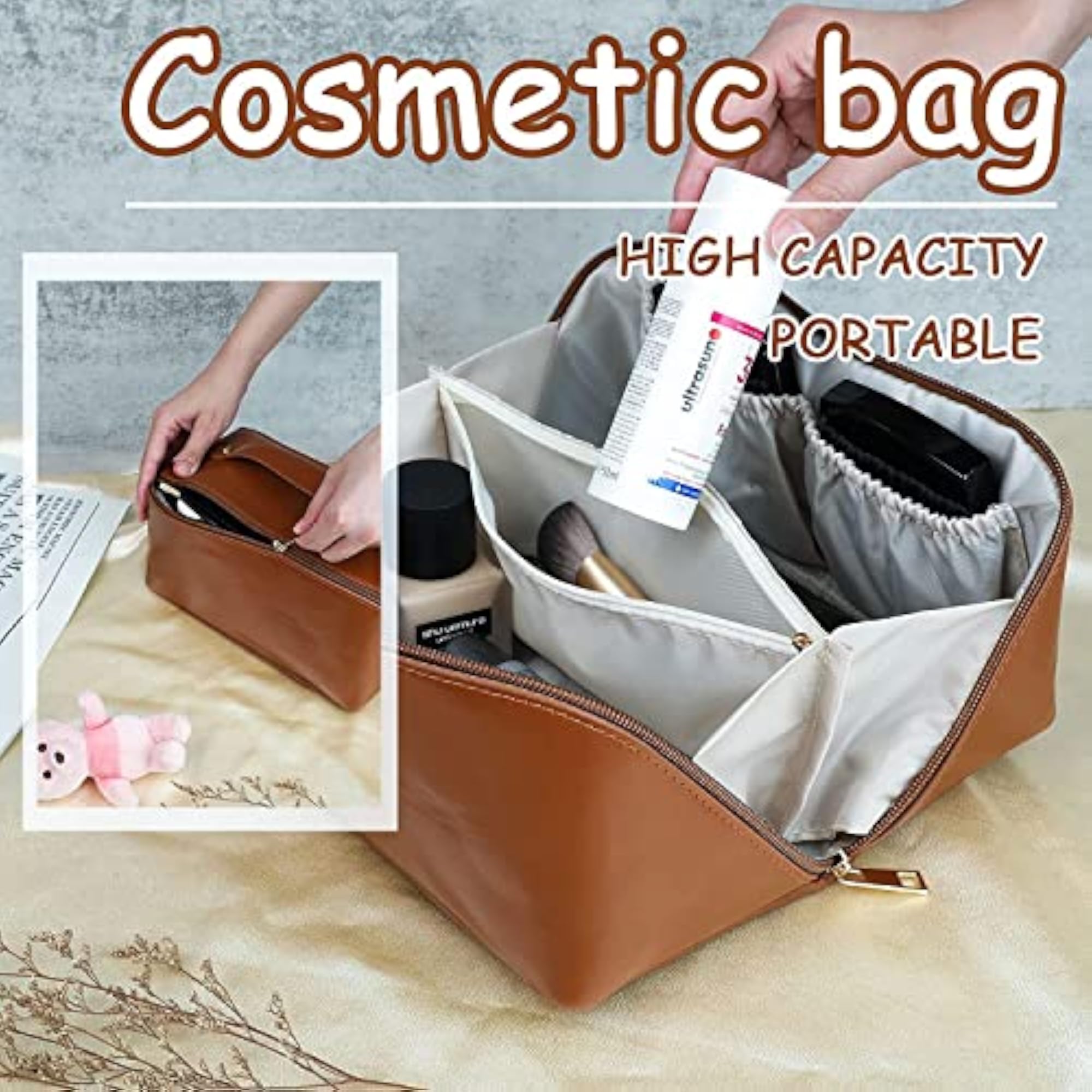 Portable Leather Makeup Travel Bag, Cosmetic Organizer