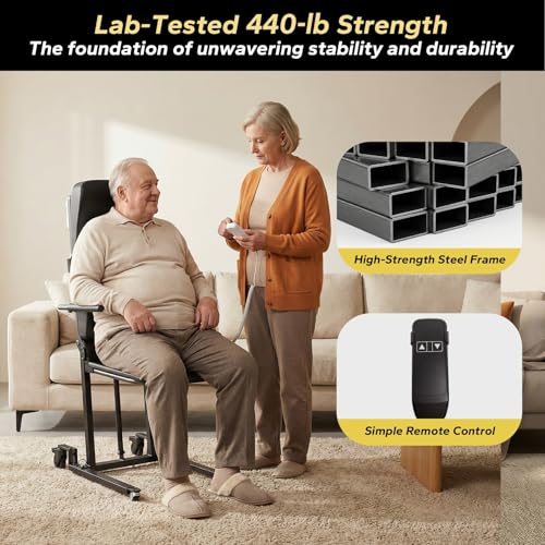 Image of Movable Electric Floor Lift Chair with 4 Wheels, Portable Rolling Chair for Home Transfer, Ultra-Low Profile Design, Ergonomic Backrest, Stand Assist for Seniors Fall, Supports 440 LBS
