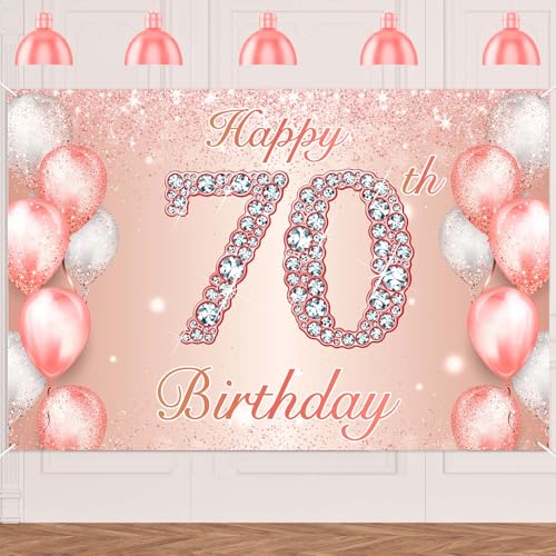 Image of Happy 70th Birthday Rose Gold Banner Cheers to 70 Years Old Backdrop Confetti Balloons Theme Decor for Women 70 Years Old Pink Birthday Party Decorations Bday Supplies Background Favors Gift Glitter