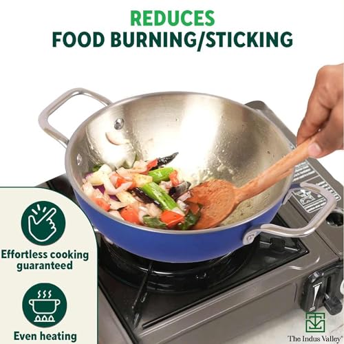 Image of The Indus Valley Coloured Stainless Steel Kadai with Steel Lid | Blue, Large, 28.8cm / 11.3 inch, 4.5Ltr, 1.2kg | Induction Friendly | Nonstick 3-Layer Bottom, 100% Toxin-Free, No Chemical Coating