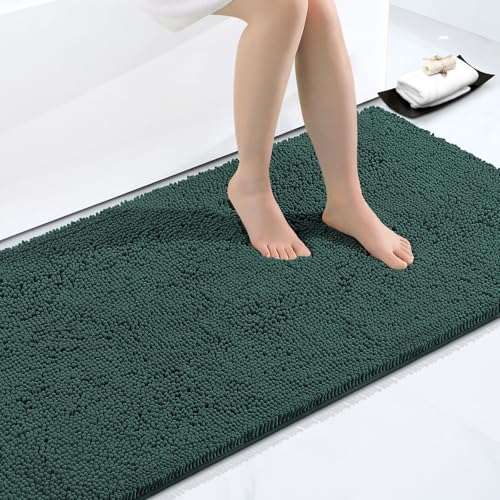 Smiry Luxury Chenille Bathroom Rugs 59x35, Extra Soft and Absorbent Shaggy Bath Mat, Machine Washable, Non-Slip Plush Carpet Runner for Tub, Shower, and Floor, Home Decor Accessories, Green