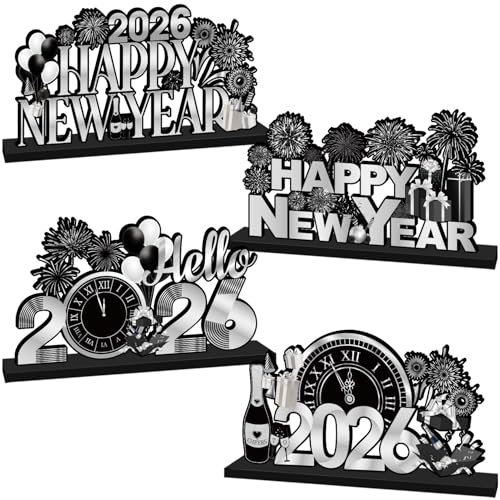 4 Pcs New Years Decorations, Happy New Year 2026 Wooden Table Centerpieces