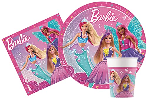 Kit louça de festa Barbie Fantasy para 24 pessoas (88 unidades: 24 pratos Ø 23 cm, 24 copos 200 ml, 40 guardanapos 33 x 33 cm)