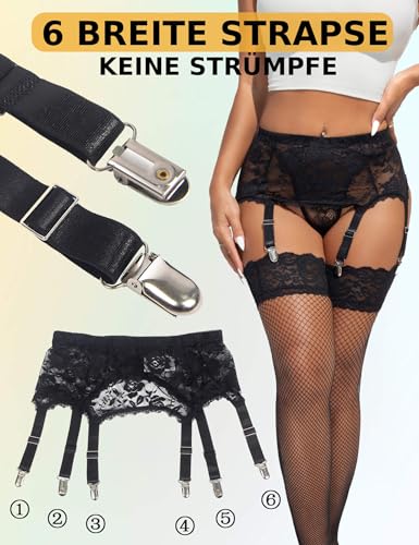 ohyeahlady Sexy Strapsgürtel Damen Spitze Breit Große Größen Strapsen Dessous Set Strumpfgürtel mit 6 Halter Unterwäsche Strapshalter Strumpfhalter Garter Belt Plus Size Strumpfband Schwarz,XL-XXL