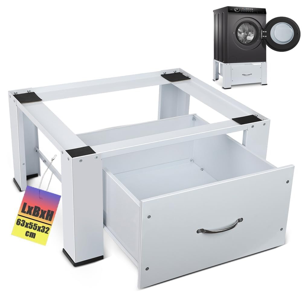 Untergestell für Waschmaschinen Trockner mit Schubladen Podest Unterbau | 63x54.5x32 cm, bis 150 kg Tragkraft, Metall Sockel für Trockner, Stabil Waschmaschine Schrank Unterschrank Erhöhung, Weiß