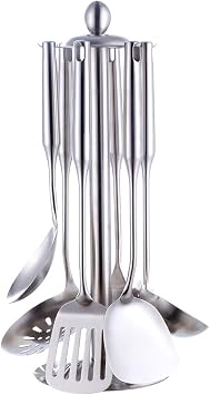 Buyer Star 7 Piece Stainless Steel Kitchen Tool Set Turner, Turner, Ladle, Skimmer, Pasta Server, Serving Spoon, Kitchen Tool Stand, Cookware and Dishwasher Safe