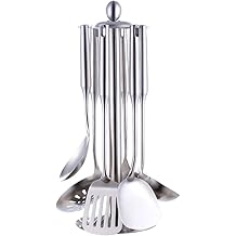 Buyer Star 7 Piece Stainless Steel Kitchen Tools Set Turner Spatula Ladle Skimmer Pasta Server Serving Spoon with Kitchen Tool Stand Cookware Dishwasher Safe