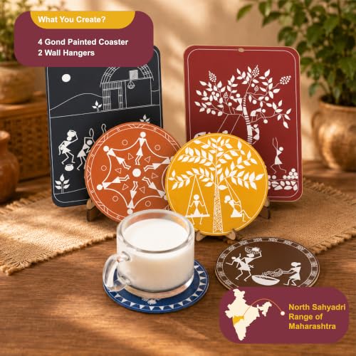 Image of Kores Warli Art Kit for Kids | DIY Indian Folk Art Painting Kit | 4 Illustrated Coasters + 2 Wall Hangers + Stands | Acrylic Colours, Sketch Pens, Brushes & Manual | Creative Art & Craft Kit for Age 8-99