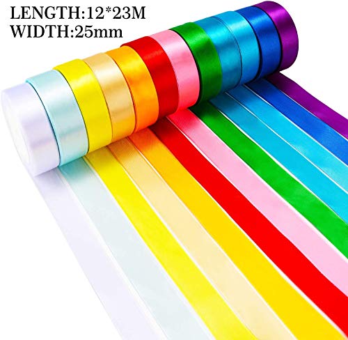 12 rollos de cinta de satén de color de 300 yardas, 12 rollos (25 mm de ancho), cinta de satén de cinta para adornar lazos para manualidades, regalos, fiestas, bodas y decoración
