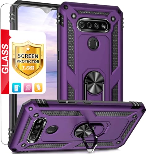 TJS Compatible with LG K51 Case, LG Q51 Case, LG Reflect Case, with [Tempered Glass Screen Protector][Metal Ring][Magnetic Support] Kickstand Heavy Duty Drop Protector Phone Case (Purple)