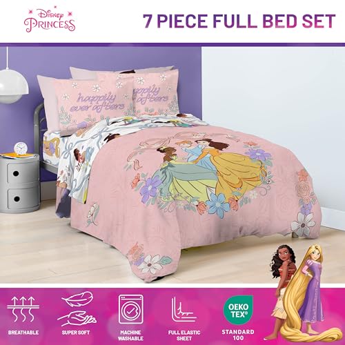 Image of Disney Princess Full Size Comforter Set 7 Piece Kids Bedding, Pink | Cinderella Rapunzel Belle, Bed in a Bag, Comforter Sheets Shams Pillowcases, Soft Microfiber, Machine Washable, Girls Gift