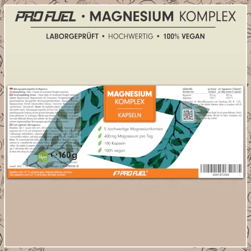Magnesium Komplex 180 Kapseln - 400 mg elementares Magnesium pro Tag - mit 5 Formen: Mag.-Oxid, Citrat, Bisglycinat… – Ansicht 6