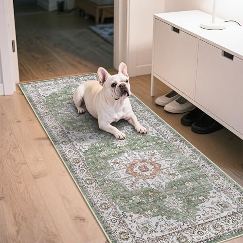 RUUGME Runner Rug 2x6 Hallway - Washable Boho Rugs for Living Room Stain Resistant Carpet Vintage Tribal Rugs for Bedroom Kitchen with Non Slip Backing Decor Floor Decoration Mat 2x6 Sage