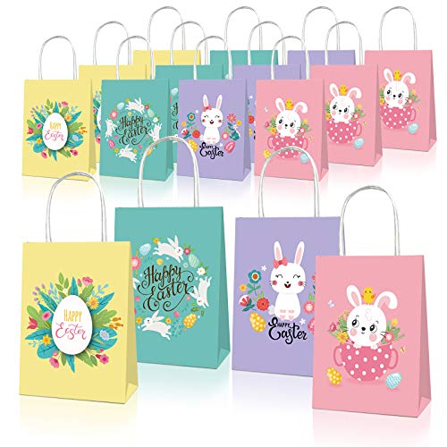 12PCS Easter Bunny Gift Bags, Easter Party Favor Bags with Handles, Easter Treat Bags with Happy Easter for Kids Party Supplies Goodies Gift Wrapping