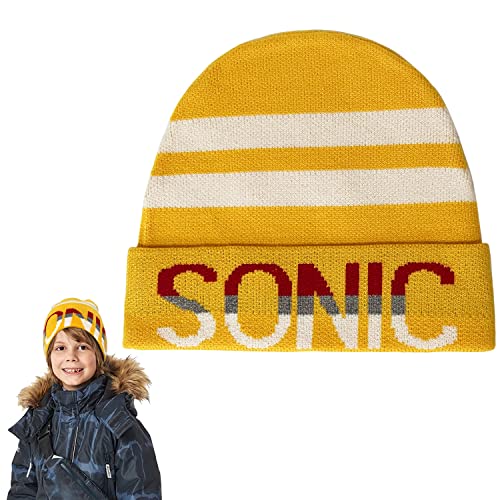 Bonamana Sonic The Hedgehog Bonnet pour enfant tricoté Sonic Bonnet doux hiver épaissi à rayures de mode casquettes cadeaux pour enfants garçons filles adolescentes, Tails Gelb, 4-8 ans Cover