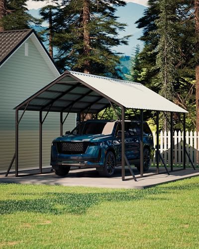 Image of GarveeLife 13x21 ft Metal Carport with Vertical Roof, Heavy-Duty Metal Car Port with Reinforced Frame, Steep-Pitch Roof Design, High-Clearance for Full-Sized Pickup, White
