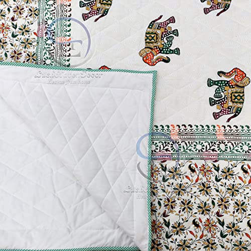 Image of 380 GSM Jaipuri Elephants Printed Winter Cotton Single Bed Quilt Razai - Red, Green, Cream and Multicolor, Rajai, 60X90 Inch