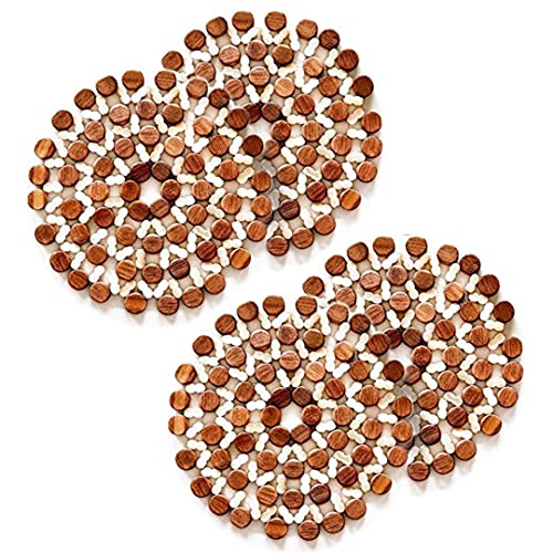 Image of 4 Pcs Round Wooden Trivet Mat Set Heat Resistant Pot Holder Pads for Kitchen Dining Table Brown Flower Shape 21 x 21 cm Protects Surface from Heat Scratches for Plates Dishes Pots Pans Serveware