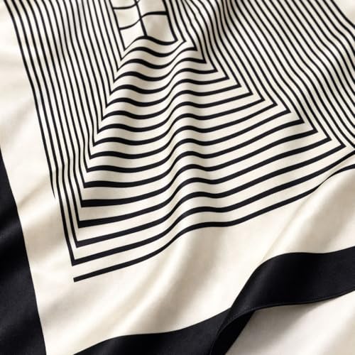 Image of Women's Polyester Striped Scarf - Soft Lightweight Long Stole | Elegant Black and White Striped Print Neck Wrap | Stylish Fashion Scarf for Women Casual Office Wear