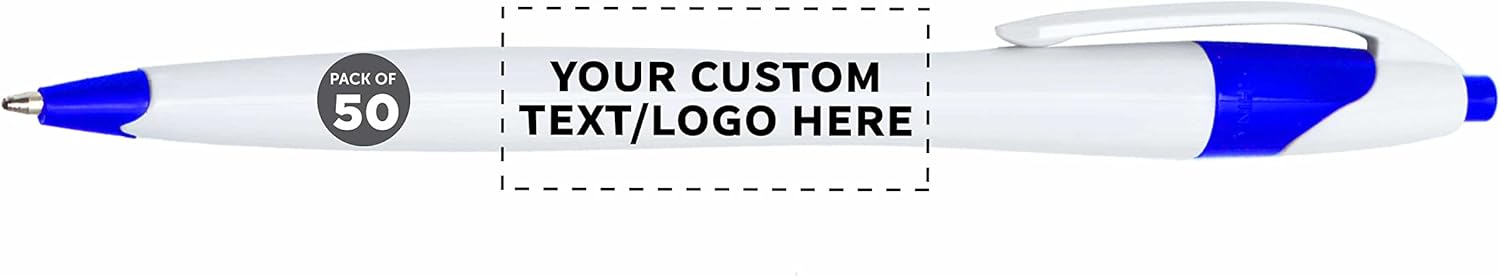 DISCOUNT PROMOS Custom Slim Curvy Ballpoint Pens Set of 50, Personalized Bulk Pack - Black Ink, Retractable, Great for Office, School, Tradeshows - Blue Black