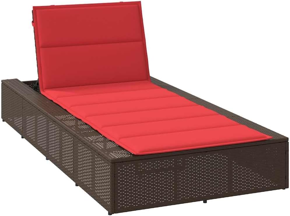 vidaXL Outdoor sunbed - Brown Poly Rattan Recliner with Adjustable backrest and red Cushion - Ideal for Garden, Patio, Balcony