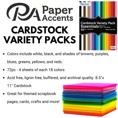 Paper Accents Variety Pack 8.5" X 11" 72Pc 65 Lb Essential Colored Cardstock Paper, 4 Sheets Each Of 18 Colors Include: White, Black And Shades Of Brown, Purple, Blue, Green, Yellow, And Red. #TOP2