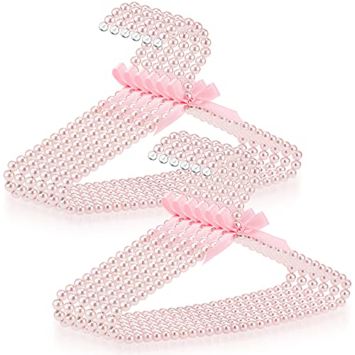 Image of Threan Pink 12 Pcs Pearl Beaded Clothes Hanger Mini Pearl Beads Small Metal Clothes Hangers with Ribbon Standard for Kids Baby Children Pet Dog