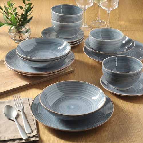 Image of Gibson Home Stonebury 16 Piece Plates and Bowls Blue Dishes - Handpainted Stoneware Dinnerware Set - Service for 4