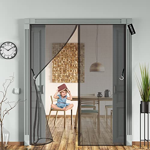 moustiquaire porte coulissante 240 x 210 cm Rideau Anti Mouche Fermeture Automatique moustiquaire porte fenetre sans Percer Facile à Installer pour Cuisine/Salon/Chambre - Noir