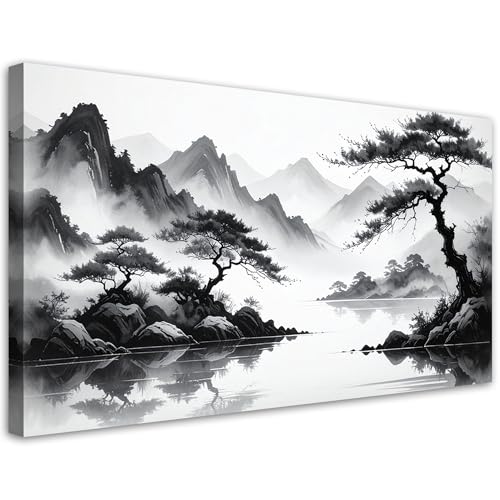 Feeby - Tableaux - Deco Tableau Murale - Paysage japonais en noir et blanc - 120x60 1partie - Pour la Chambre et le Salon - Pour Chaque Pièce de Votre...