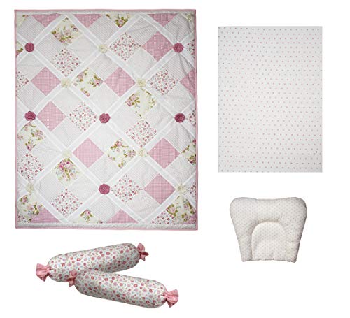 abracadabra 5-Piece Cotton Baby Cot Bedding Set Quilt, Flat Sheet, Neck  Pillow Two Bolsters (Vintage Floral) Cream Pink