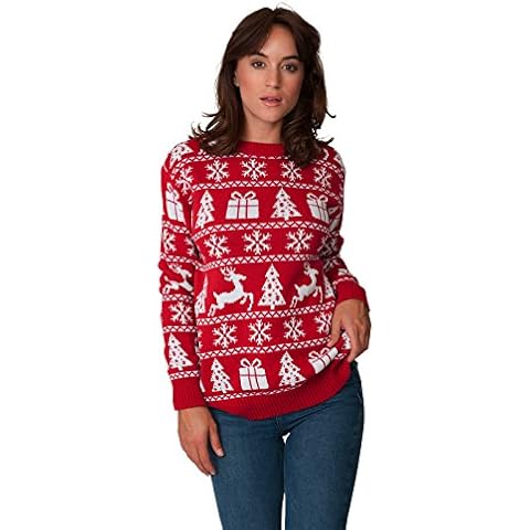 New Camp Ltd New Unisex Womens Mens Jumper Christmas Xmas Novelty Retro Fairisle Santa Party Sweater Jumpers RED Fairisle Presents Exclusively to Sizes - S/M/L/XL/2XL/3XL/4XL Cover