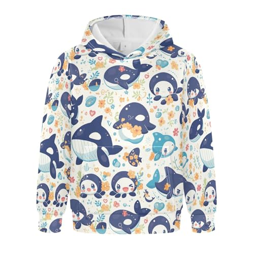 Killer Whale on Blue Boys And Girls Sweatshirts Fashion Pullover Top Streetwear Kangaroo Pocket