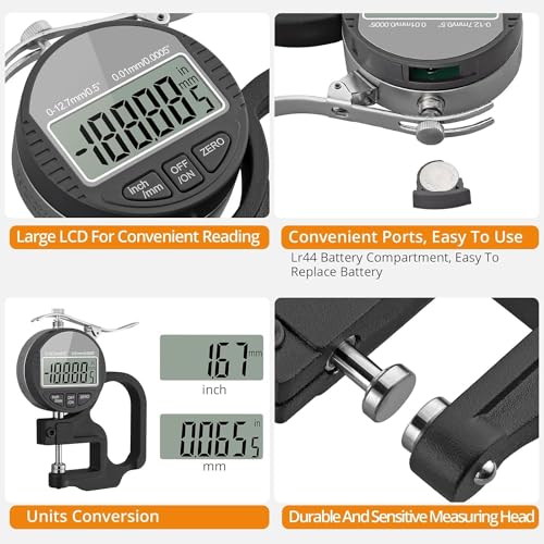 Image of Digital Thickness Gauge with Lever Handle - Electronic Micrometer Measuring Tool (0-12.7mm / 0.5 Inch) with LCD Display, 0.01mm Accuracy, Inch /MM Conversion (12.7mm)