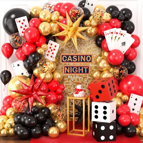 132Pcs Casino Theme Party Decorations Dice Boxes Large Poker Cards Black Red Gold Balloon Garland Star Foil Balloons for Vegas Themed Party and Casino Night Birthday Celebrations