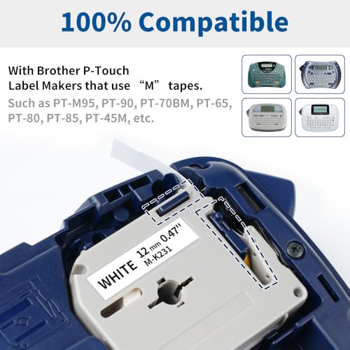 M-K231 Compatible with Brother P-Touch M Tape PT-M95 MK231 M231 12mm 0.47Inch Label Maker Tape for Brother PTM95 PT-70 PT-90 PT-65 PT85, Black on White, 1/2'' x 26.2', 4-Pack image 1