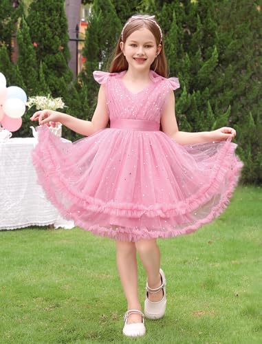 Image of IMEKIS Toddler Kids Girls Sparkle Sequins Tulle Party Dress, Wedding Formal Birthday Tea Party Dresses 2-8T