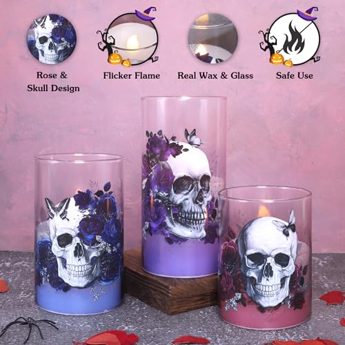 Image of Halloween Glass Flameless Candles Romantic Gothic Skull Floral Battery Operated Remote Timer Flickering LED Pillar Candle for Wedding Party Goth Bathroom Decor