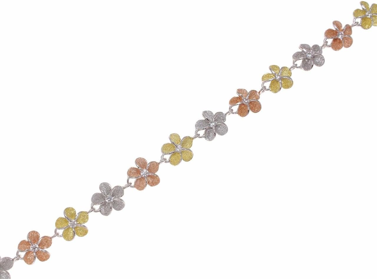 Arthur's Jewelry 925 sterling silver yellow rose gold tricolor plated Hawaiian plumeria flower bracelet 8mm 7"