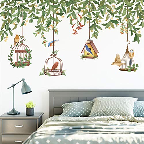 Flower Vine Tree Branch Wall Decals With Birdcage, Colorful Birds Green Plants Wall Stickers, Flowers Flying Bird Diy Art Murals For Bedroom Living Room Kids Rooms Nursery Wall Décor #TOP4