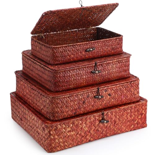 Didaey Juego de 4 cestas de mimbre con tapa, cestas de almacenamiento decorativas con tapas, contenedores de almacenamiento planos, cestas organizadoras tejidas para estantes, armarios, dormitorios, 4