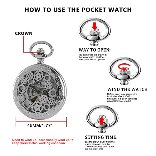 Image of Classic Silver Mechanical Pocket Watch, Roman Numerals Silver Pocket Watch with Chain Box for Men