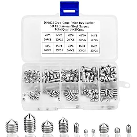 Grub Screws Mixed 200 Pcs A2 Stainless Steel Cone Point Screws M3 M4 M5 M6 M8 Metric Thread Socket Allen Key Grub Screw Set Cover
