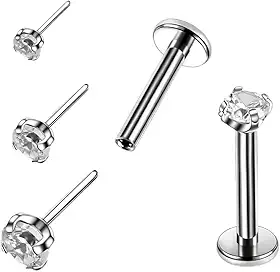 Piercing Labret Titânio Push Pin com Zircônia – Hipoalergênico, 1.5mm 2mm 3mm, Haste 8mm, Tragus Helix Cartilagem Nariz