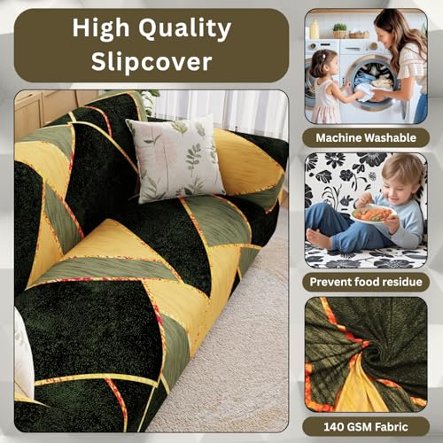 Image of Lukzer 5 Seater Sofa Cover - Dark Green Prism | Sofa Cover 3+1+1 Seater | 360 Fully Covered Anti-Slip Washable Couch Cover Protecter | 140 GSM Stretch Fit Polyester + Spandex Slipcover (SC-035-05)