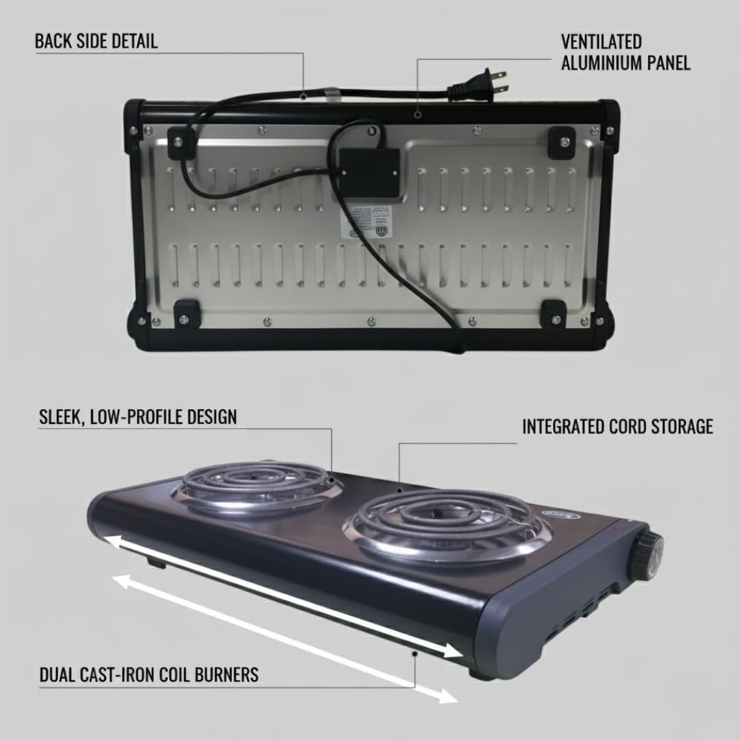 ALPINE CUISINE Electric Double Burner, 1500W, Dual Plate Portable Hot Plate for Indoor Cooking, Adjustable Temperature Control, Compact Design, 120V, Ideal for Home, Dorm, RV, or Travel Use